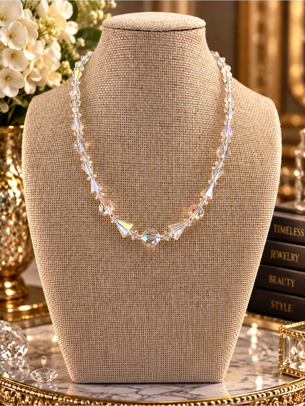 Aurora Crystal Beaded Necklace - Clear Iridescent